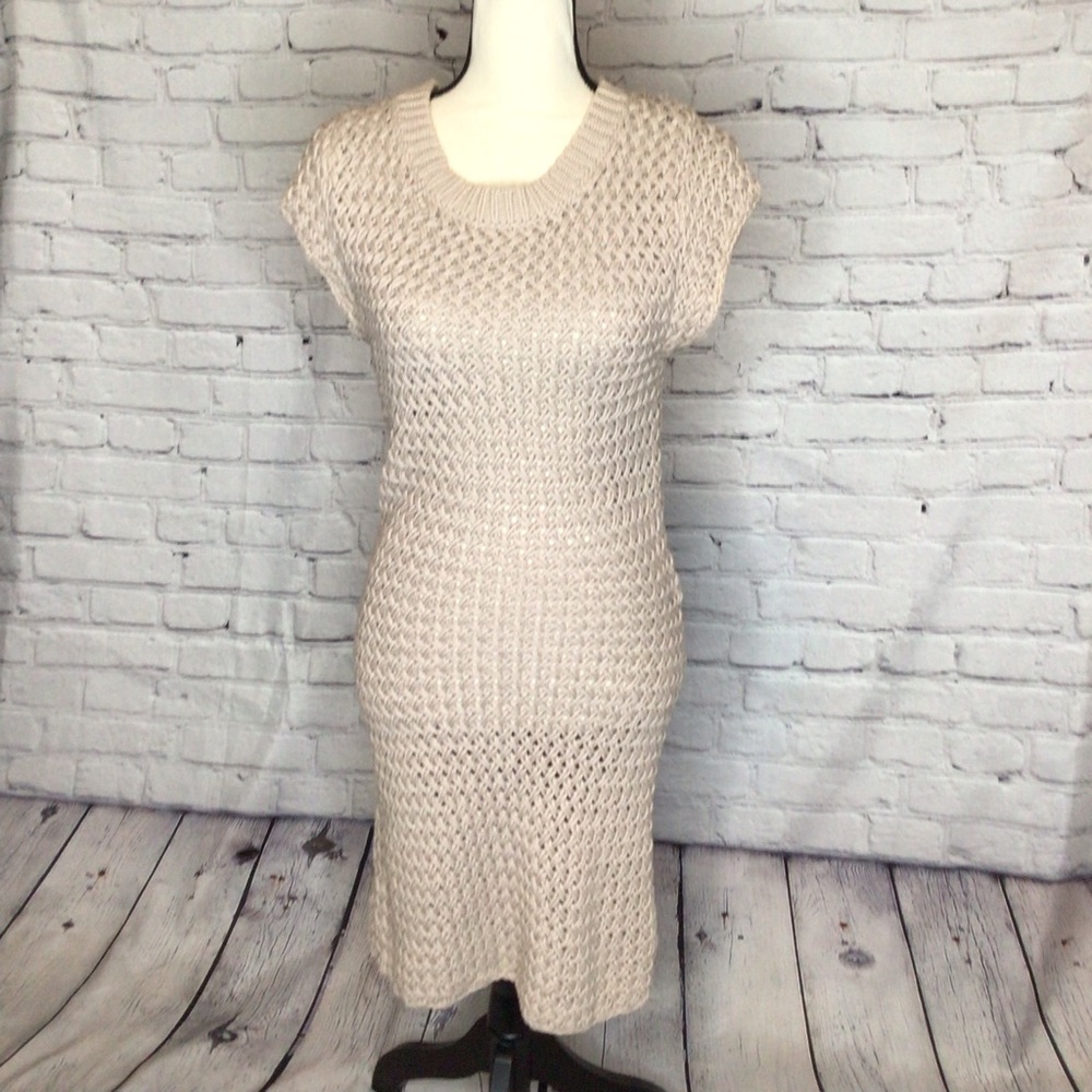 French Connection Tan Open Knit Short Sleeve Cotton Body Contour Dress 2